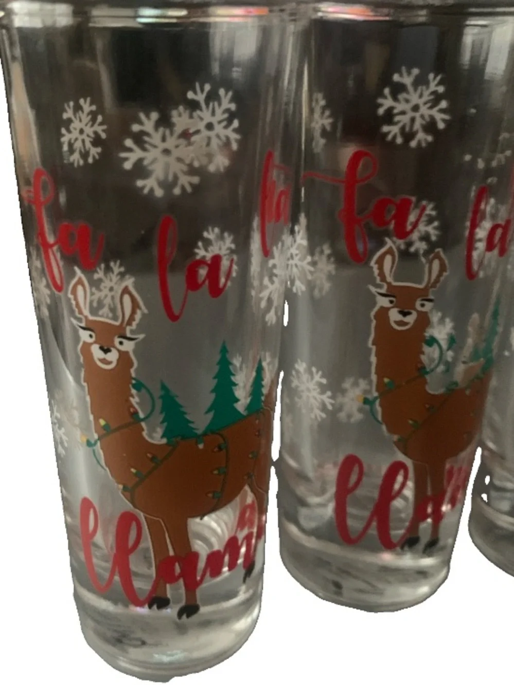 Pre Owned Vintage Fa La La llama Set Lot of 4 Shot Glass Shotglass MCM Holiday